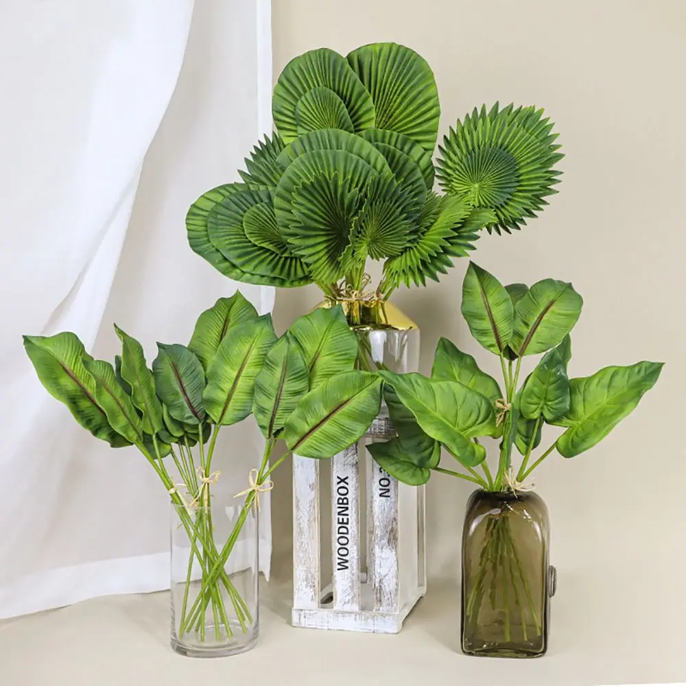 3 uds hojas de palma artificiales verdes PU hojas de castaño de agua hoja de simulación accesorios para fotos hoja de pájaro celestial planta falsa