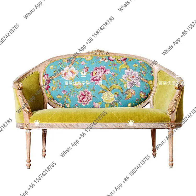 

Rt French Solid Wood Carving Flower Fabric Sofa Designer Comfortable Villa Court Retro Furniture