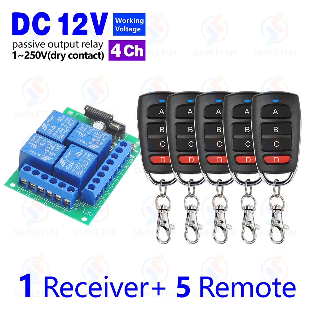 433 Mhz Universal Drahtlose Fernbedienung Licht Schalter DC 12 V 4CH RF Relais Empfänger 60 m Reichweite für Licht/Garage Tür/LED DIY