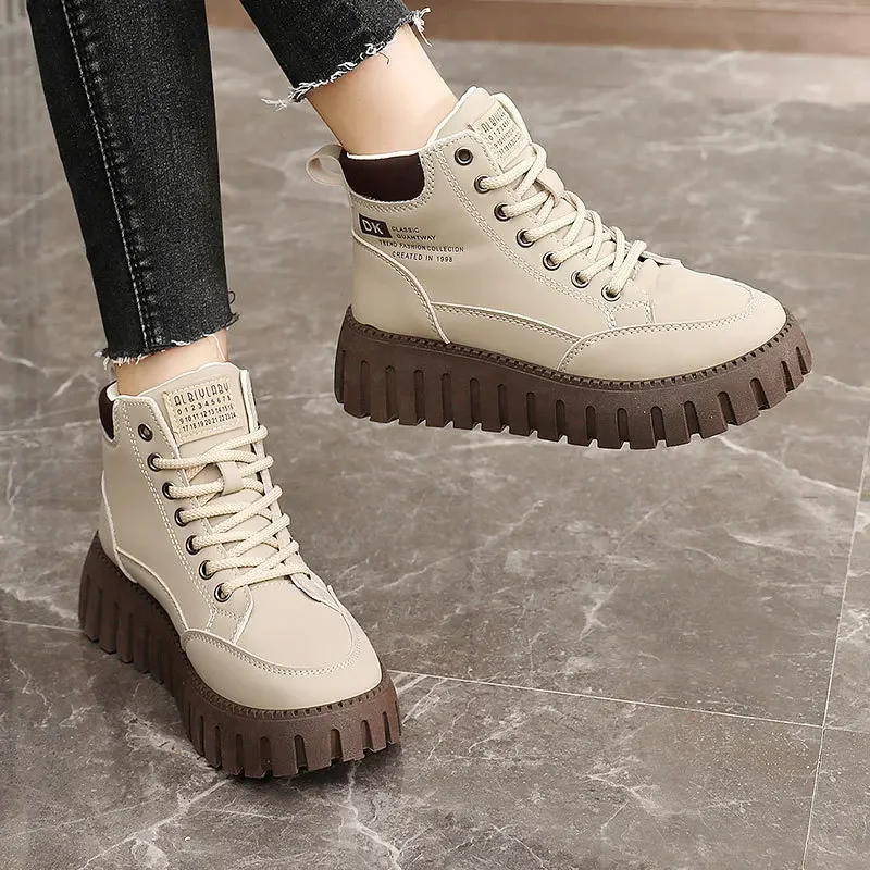 F364 New 2024 Autumn Winter Women's High-Top Fleece-Lined Cotton Shoes Thick Base Simple Increase Student Fleece-Lined Snow Boot