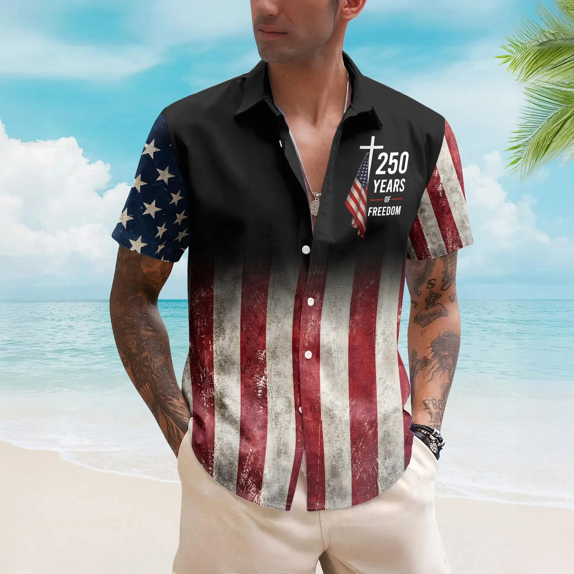 

American Flag 250 Years Hawaiian Shirt, Vintage 1776 2026 Patriotic Aloha Tee, Independence Day Gift For Men Dad Grandpa Beach
