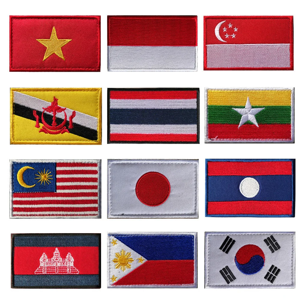 Southeast Asian Flag Embroidery Patch South Korea Japan Indonesia Singapore Laos Thailand Flag Patch Army Decal Stripe Emblem