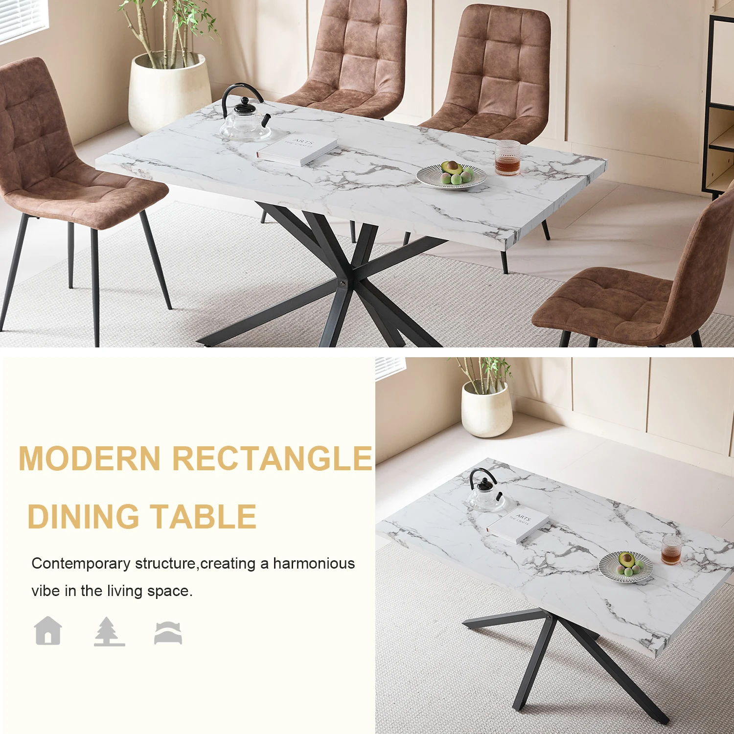 Moderner Esstisch im minimalistischen Stil, Esstisch aus Marmorimitat, geeignet für Esszimmer/Wohnzimmer, Metallbeine, 140 x 80 cm – Detail 2