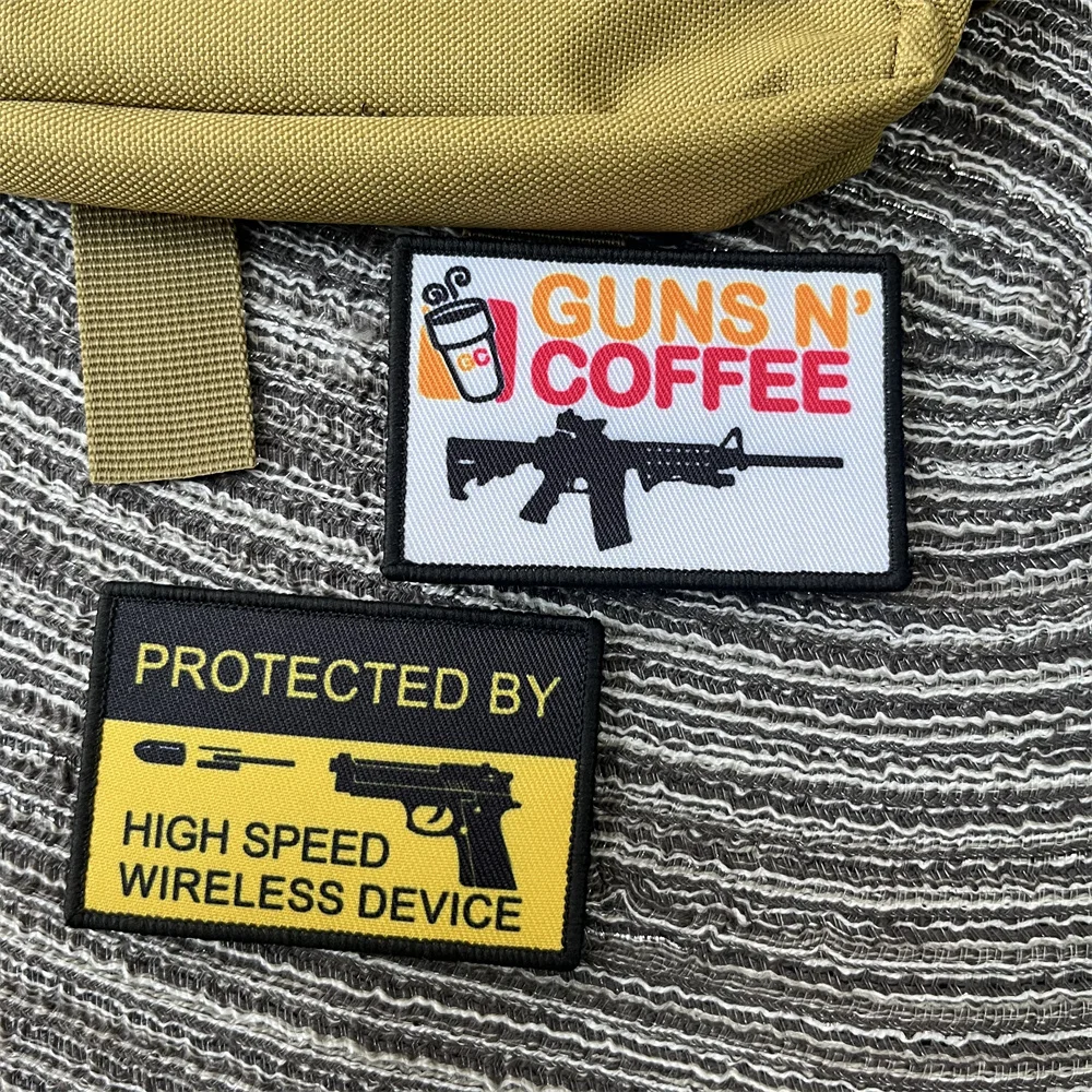 

GUNS COFFEE Fabric Patch Stickers Hook and Loop Patches Backpack Tactical Military Gear Applique for Clothing