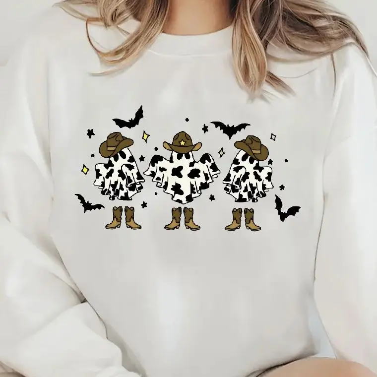 

Spooky Sweatshirt Long Sleeves Stylish Pullover Y2K Graphic Hoodies Crew Neck Unisex Casual Daily Wear Cowboy Ghost Halloween