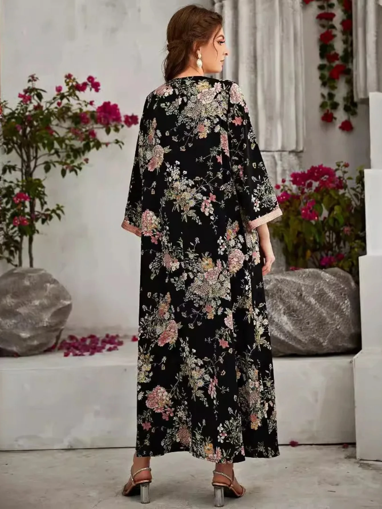 Abaya Blumendruck Muslimische Kleider Eid Frauen 2025, Dubai, Arabisch, lange Robe, Ramadan, Marokko, Kaftan, Partykleid, Vestidos Largos