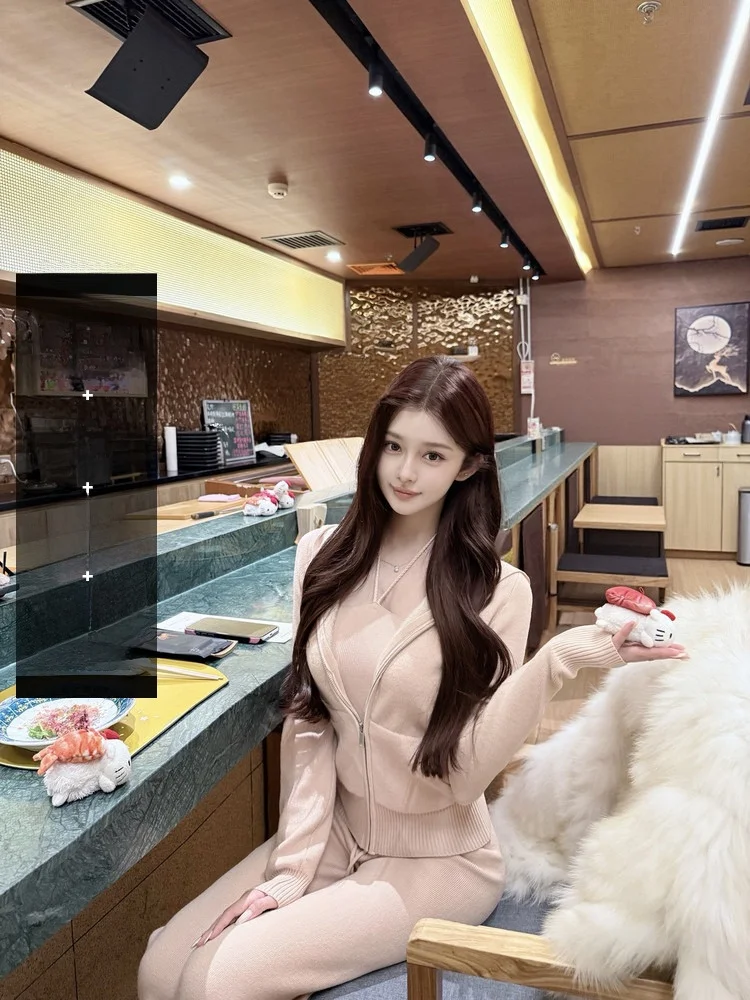 

Комплект из вязаного кардигана с капюшоном и прямых брюк в балетно-розовом цвете, зимний повседневный женский костюм-двойка