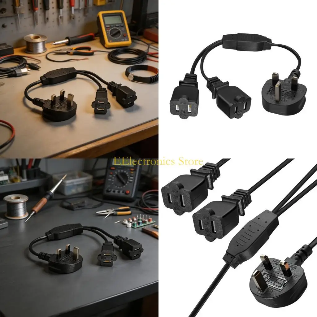 B03C British 3-Pin to Two US 2-Slot Outlet Cord, 30cm Power Split Wire Desk Charging