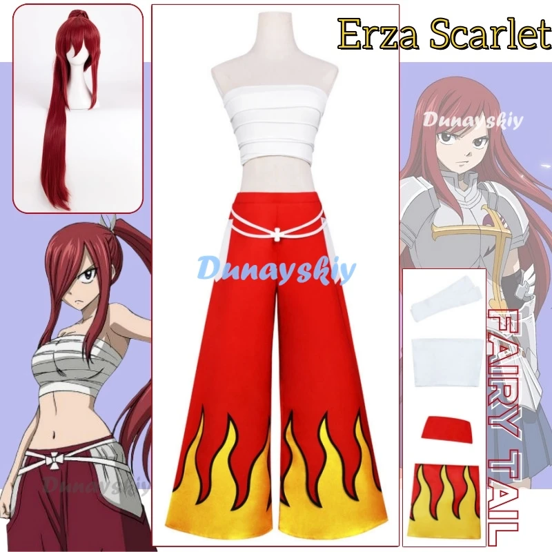 

Erza Scarlet Cosplay Costume Anime White Tube Top Red Pants Full Set Wig Women Girl Uniform Cool Carnival Party Clothing Set