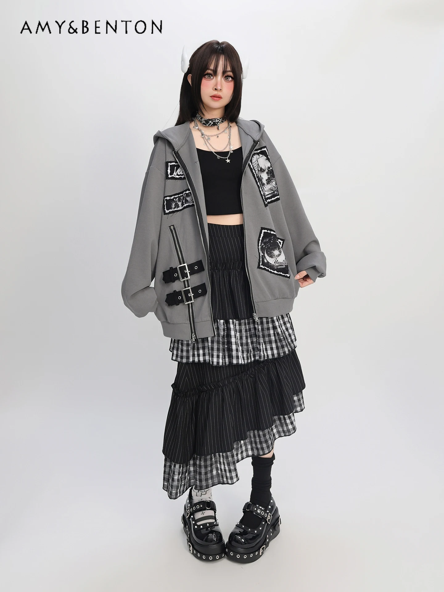 Japanese Subculture Gothic Anime Print Heavy Industry Patchwork Zip Up Hoodie Sweet Cool Hot Girl Oversized Casual Hoodies Women