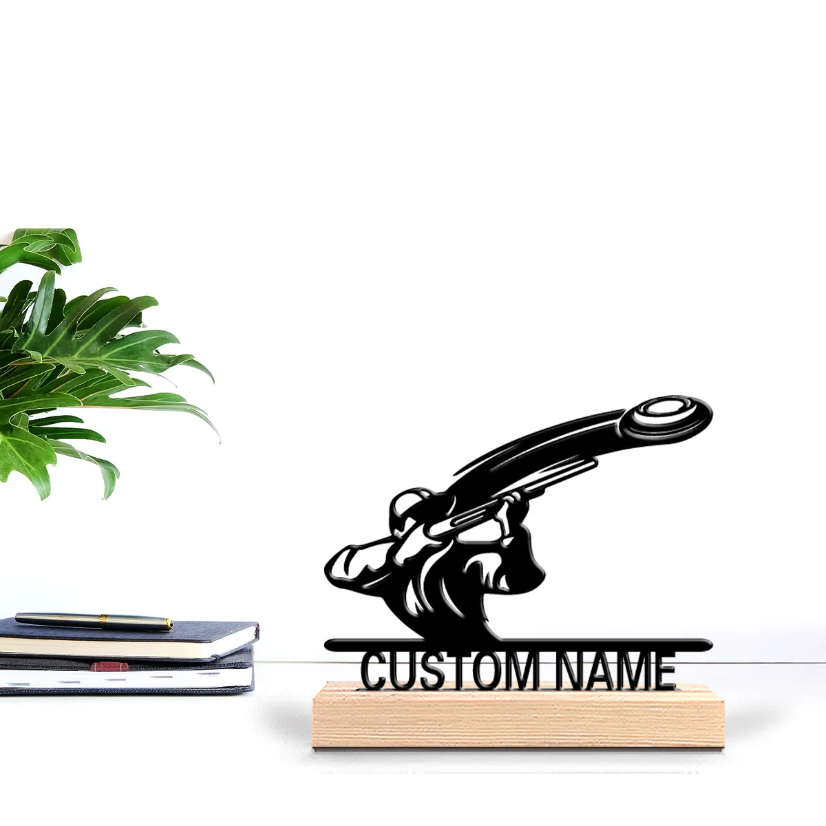 1pc Modern shoot Custom Text Tin Statue Metal Ornament Art Crafts With Wood Base Tin Ornament With Wood BaseFor Home Decor