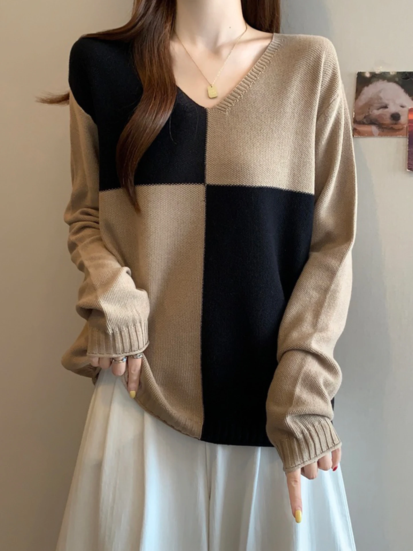 

Faionable V-Ne Splice Knitwear Women's Loose Fit Belly Covering Top Casual Sle Long Sve Soft Material Autumn Wear