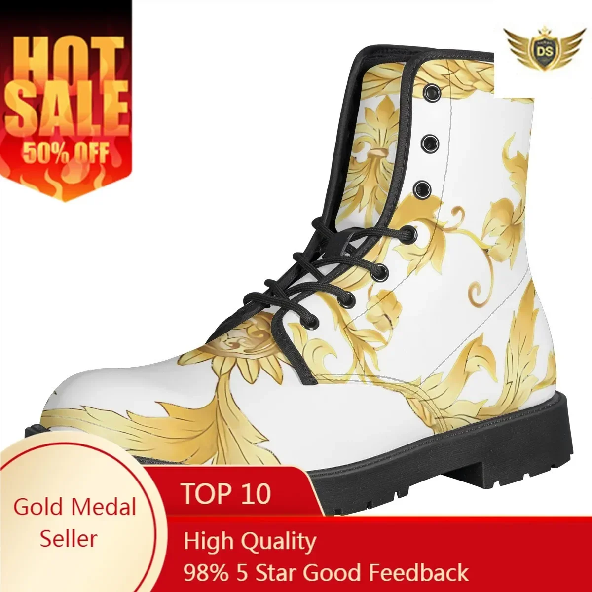 

Size 35-46 INS Woman PU Leather Ankle Boots Fashion White And Golden Rococo Prints Shoes Woman Short Classic Boots