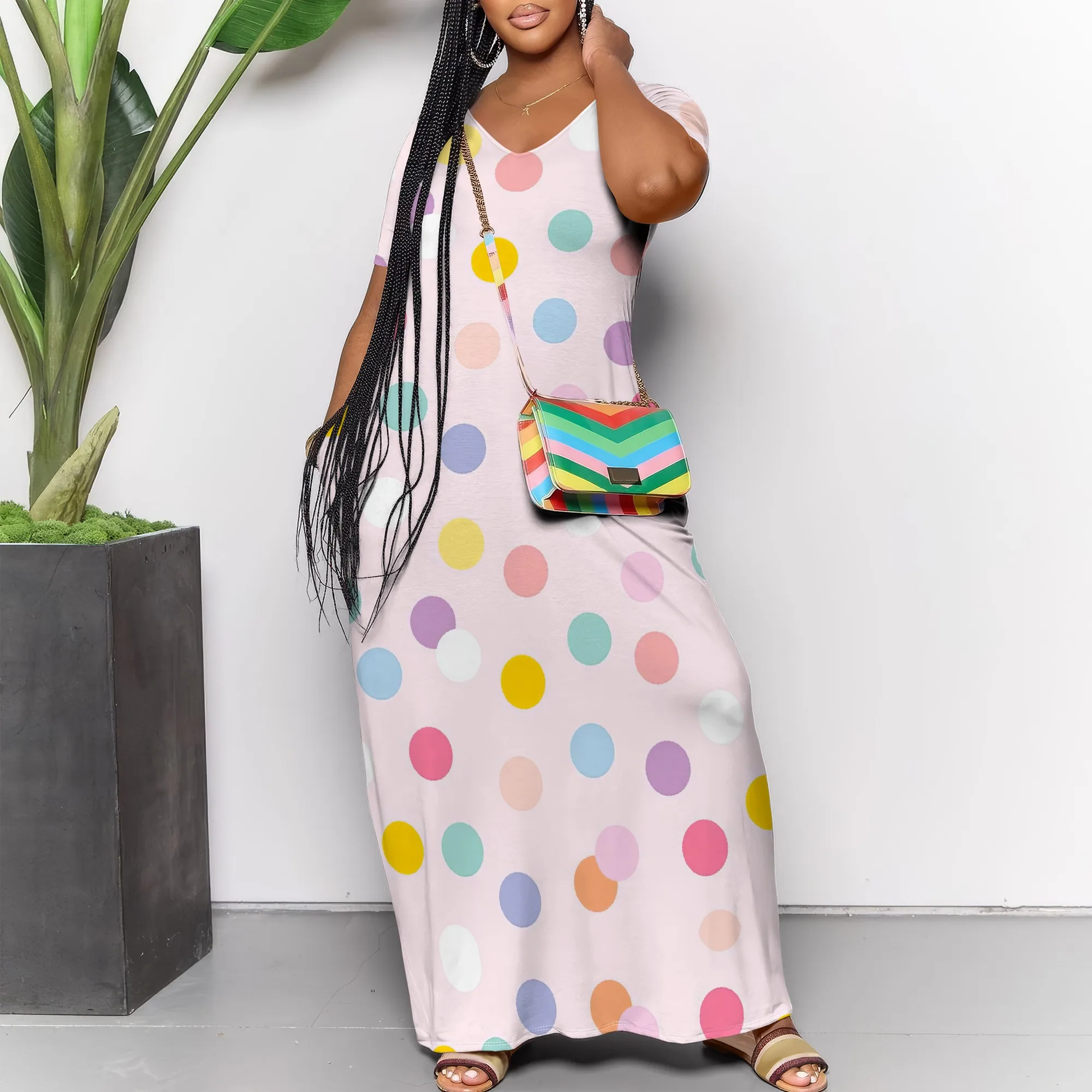 

Women's Green Leaf Short-Sleeve V-Neck Loose Printed Maxi Dress Polyester Vacation Spring Trendy
