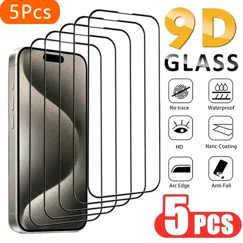

5Pcs 9D Full Protection Tempered Glass For iPhone 16 15 14 Plus 13 12 Pro Max Screen Protector Protective Film Cover