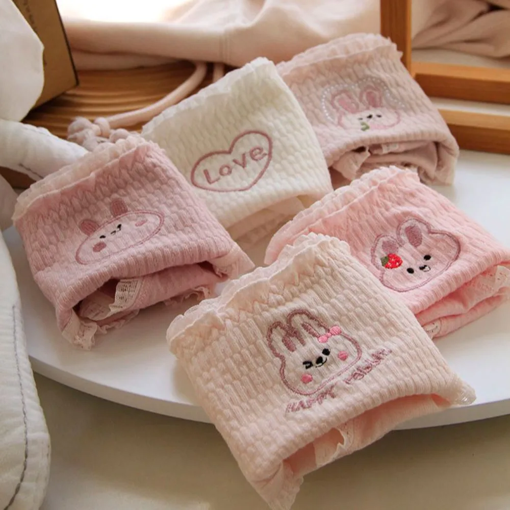 Cartoon Rabbit Embroidery Pink Girls' Underwear Women's Breathable Mid Waist Lace Cotton Panties Cute Ruffle Seamless Briefs