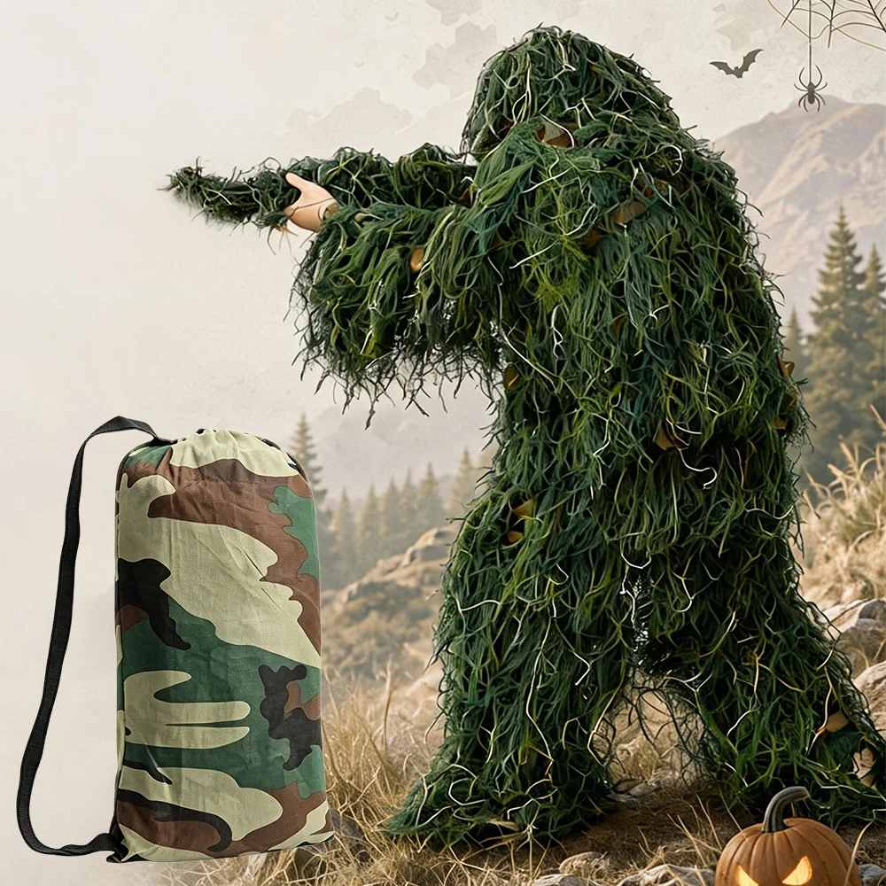 Tuta mimetica integrale per adulti, verde, invisibile, per giochi di ruolo horror, con accessori e maschera con cappuccio, per osservazione della fauna selvatica, 155-185 cm, tuta mimetica integrale