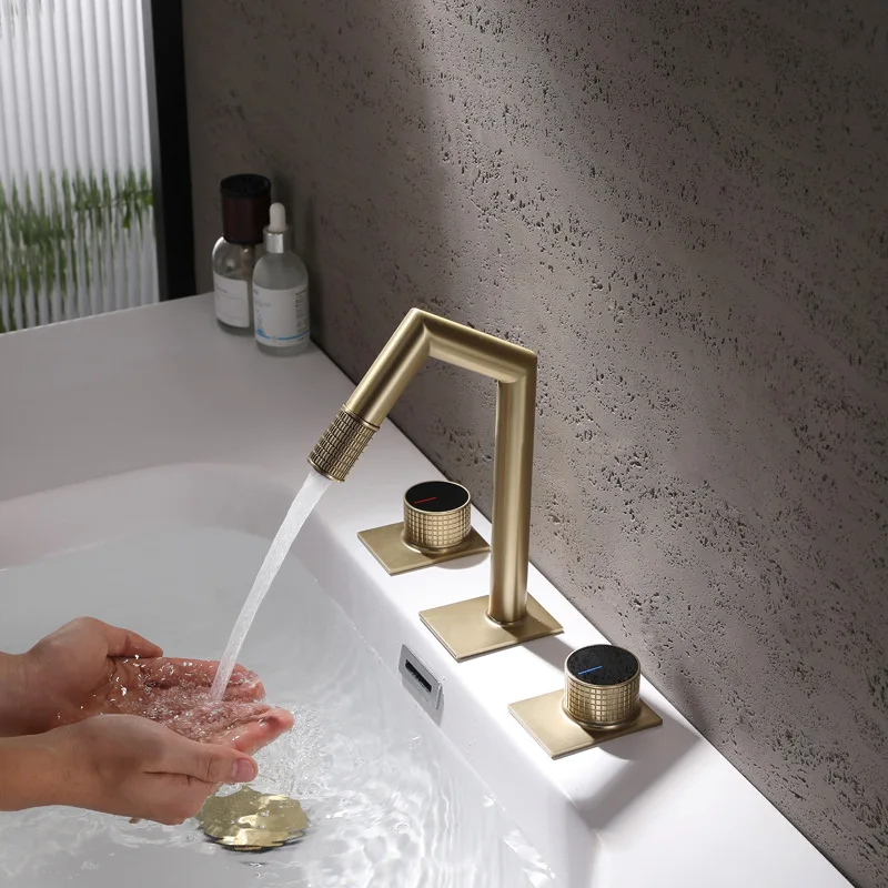 

Double Hole Basin Faucet Hot Cold Water Bathroom Sink Mixer Tap Brushed Gold Finish