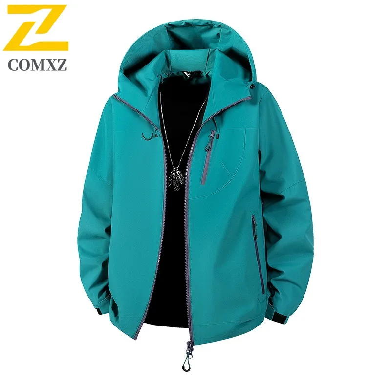 

COMXZ 2025 Mens Jacket Mountain Waterproof Windproof Hooded Outdoor Adventure Hiking Camping Jackets Leisure Trendy Outerwear