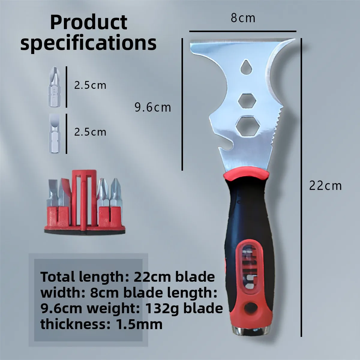 Multi-Function Putty Knife with Screwdriver Bits, Stainless Steel, Plastic Handle, 16-in-1 Scraper Tool