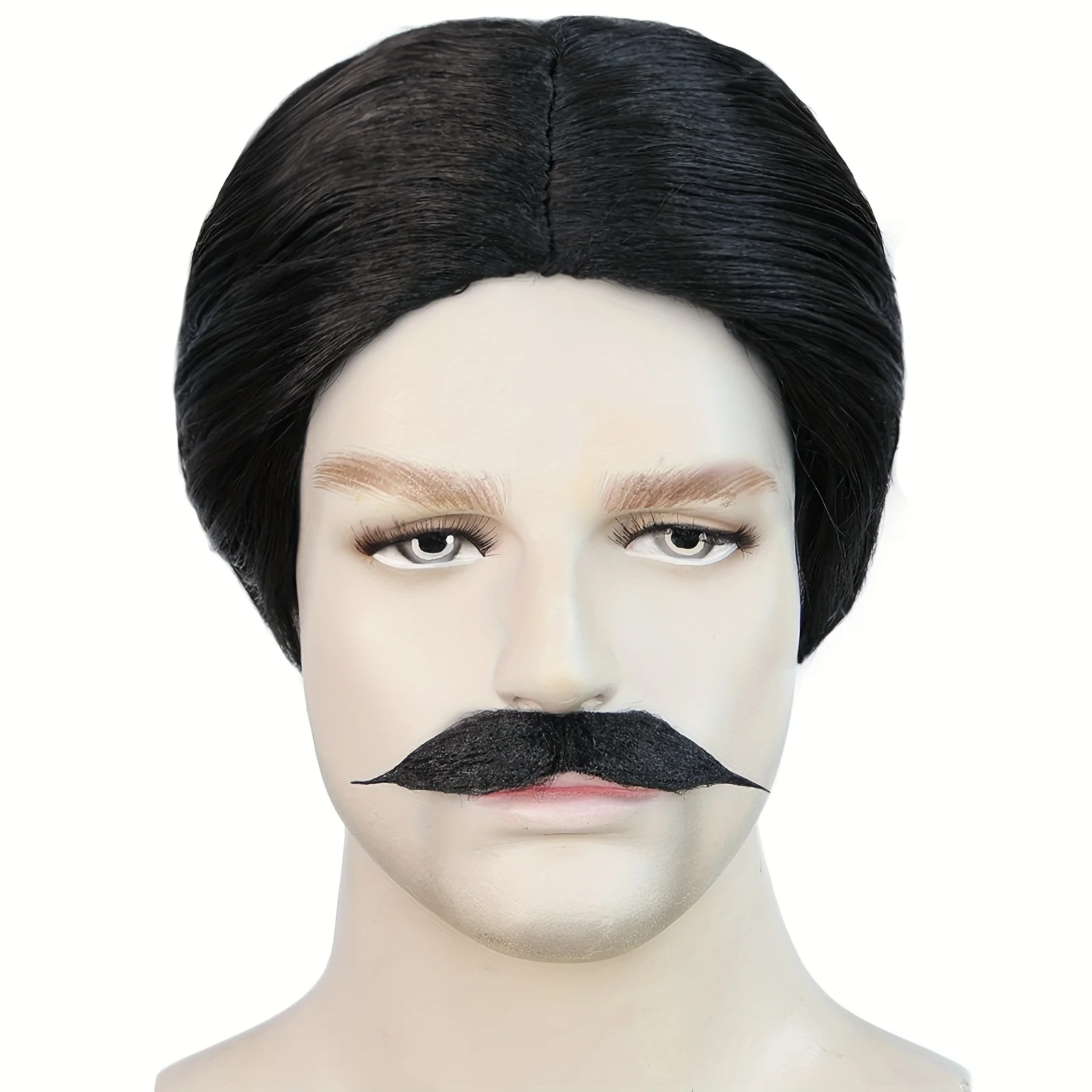 Heren anime-stijl rechte zwarte synthetische vezel cosplay pruik met baard - hittebestendig verstelbare hoofdband duurzaam kostuum