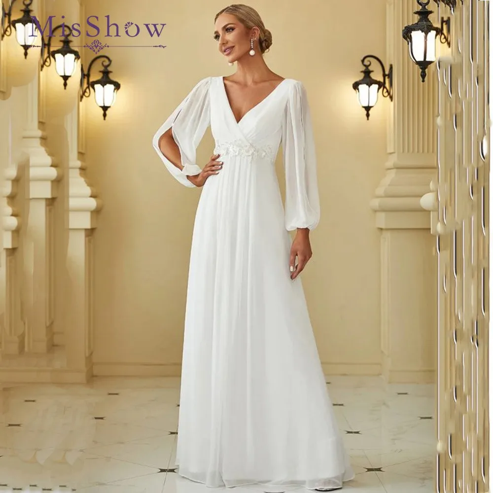 MisShow Simple Wedding Dresses For Women 2024 Elegant V-Neck Chiffon White Long Slit Sleeves A-Line Lace Boho Bridal Gowns