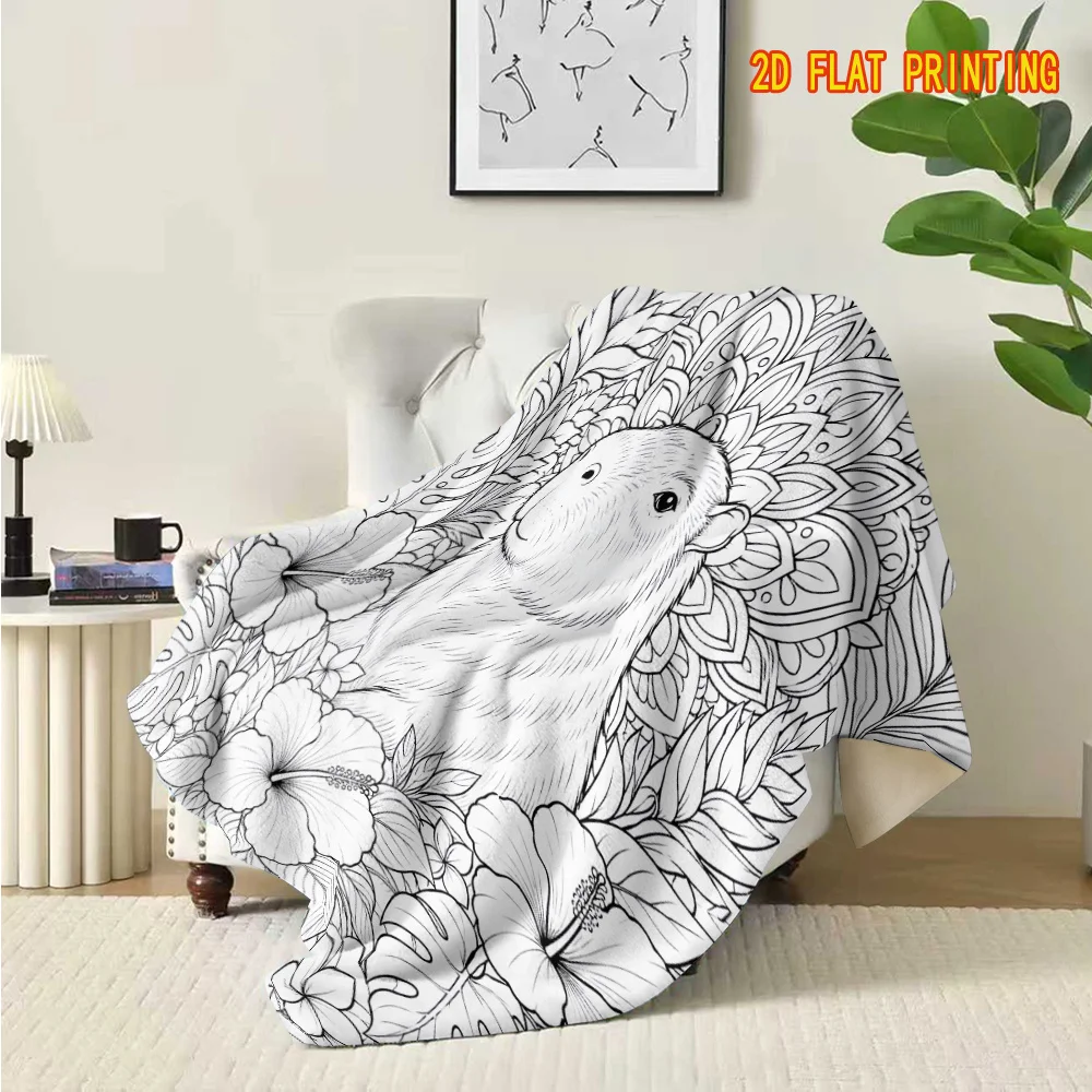2D Flat | 1pc Vintage Mandala Capybara Plant Line Art Flannel Coloring Throw Blanket, Multi-Scene Cold-Proof and Warm Shawl Blan