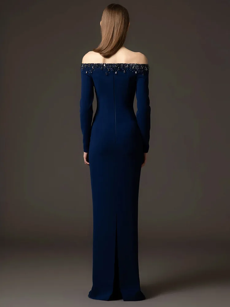 Suknia wieczorowa damska z odkrytymi ramionami, luksusowa, z kryształkami i dżetami, długa do podłogi, na imprezę, bal, model 2026.