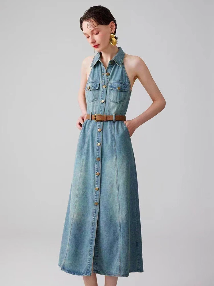 Denim Dress with Hanging Neck for Women, Long Dresses, Hollowed Out Back, Women\'s Clothing Traf, 2023