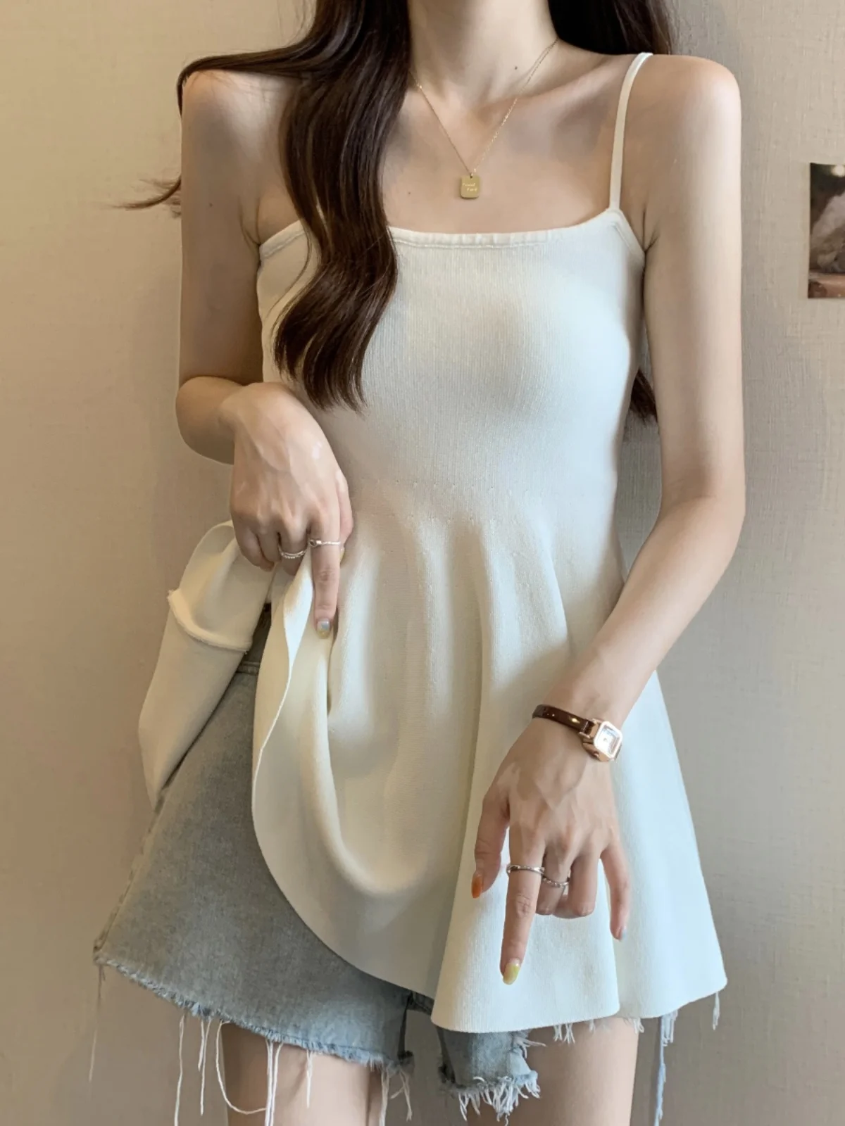 

Slimming Strap Vest Women's Summer Outerwear plus Size Sleeveless Waist-Cinched Skirt Detail Pure Desire Style Top