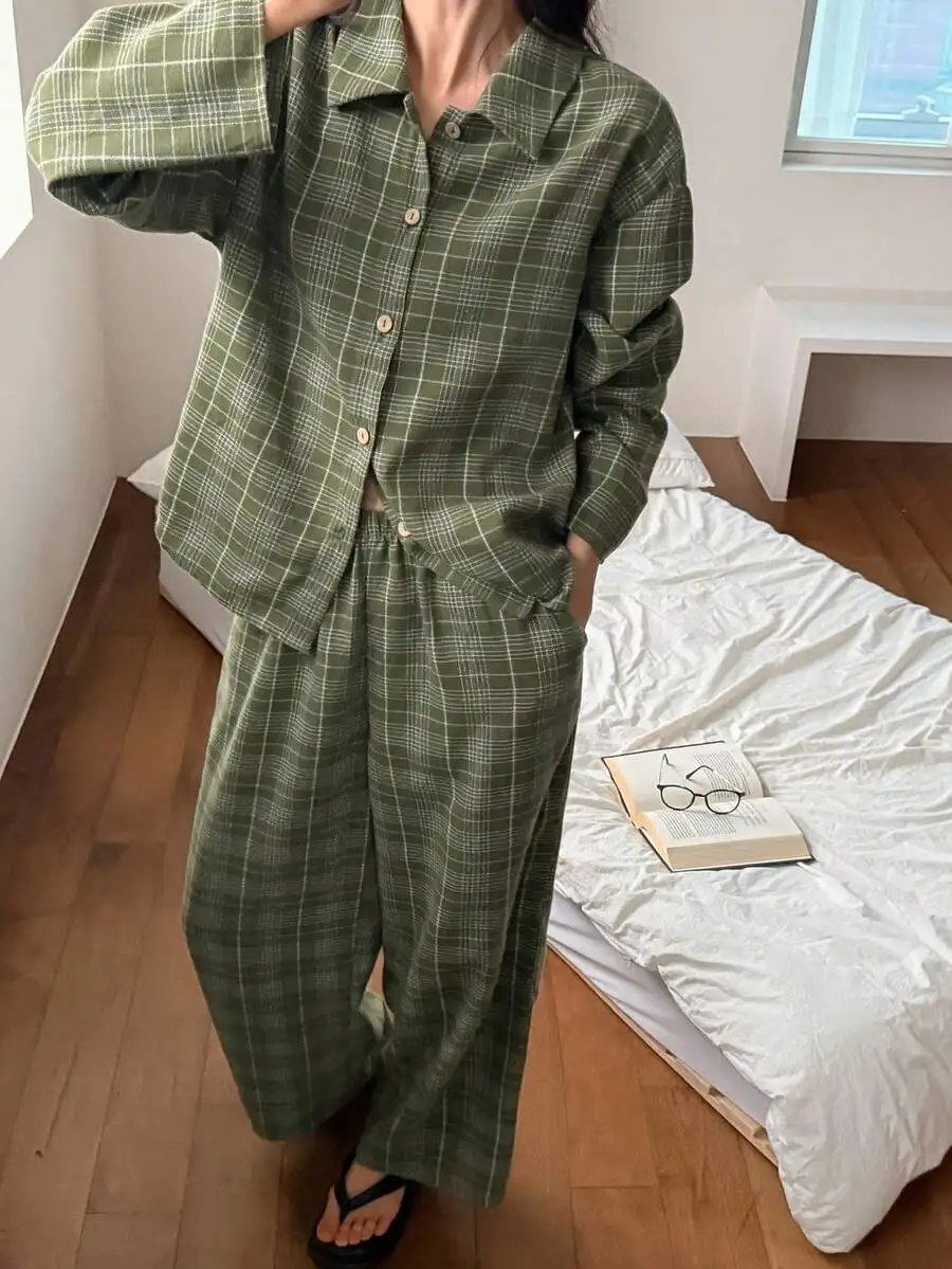 

Plaid Loose Fit Button Up Shirt And Wide Leg Pants Two Piece Pajama Set For Women