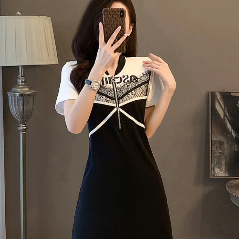 Estate nuovo temperamento elegante moda stampato impiombato cerniera pendolare Versatile scollo a v manica corta a-line abito di media lunghezza