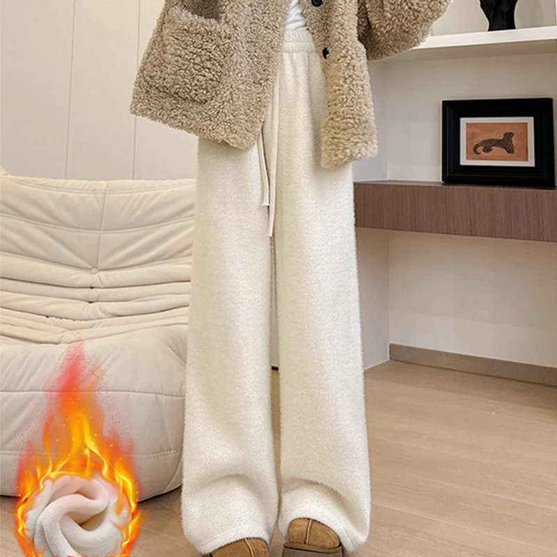 Drawstring High Waist Plush Pants For Women Winter Fleece Straight Wide Leg Casual Pants Woman Loose Thicken Warm Trousers Mujer