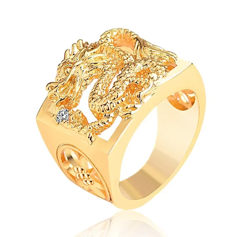 Men's Domineering Dragon Ring, Vietnamese Sand Gold Imitation Gold, Copper Gold-Plated, Hollow-Out Dragon Pattern Ring