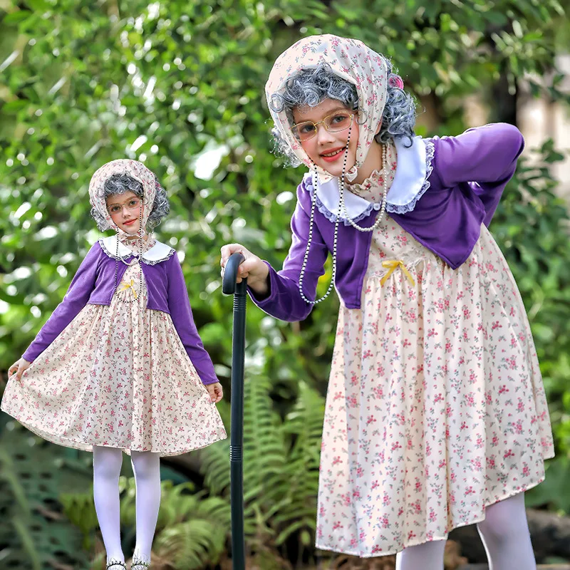 Costume da carnevale per bambini Divertente vestito da vecchia signora, abito floreale cosplay della nonna con accessori per parrucche grigie