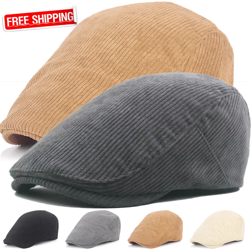 Autumn Corduroy Beret Hat for Men Sun Hats Solid Color Berets Vintage  Caps Flat Ivy Casquette Adjustable Cabbie Hat