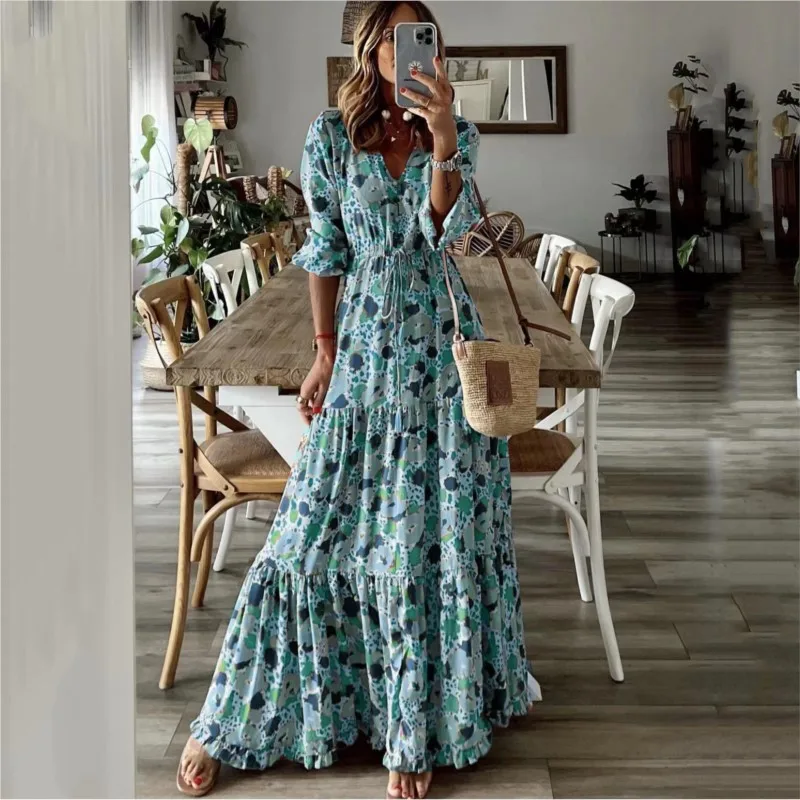 Boho Women\'s Floral Print Long Dress 2024 Summer Casual V-Neck Long Sleeve Loose Dress Female Vintage Beach Maxi Dresses Robe