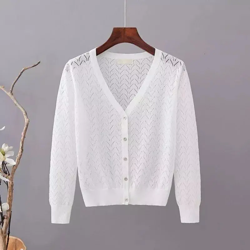 

Summer Sunscreen Solid Cardigans Women Long Sleeves Loose Sweater Top Fashion Casual Blouse Casual Hollow Out Knitted Cardigan