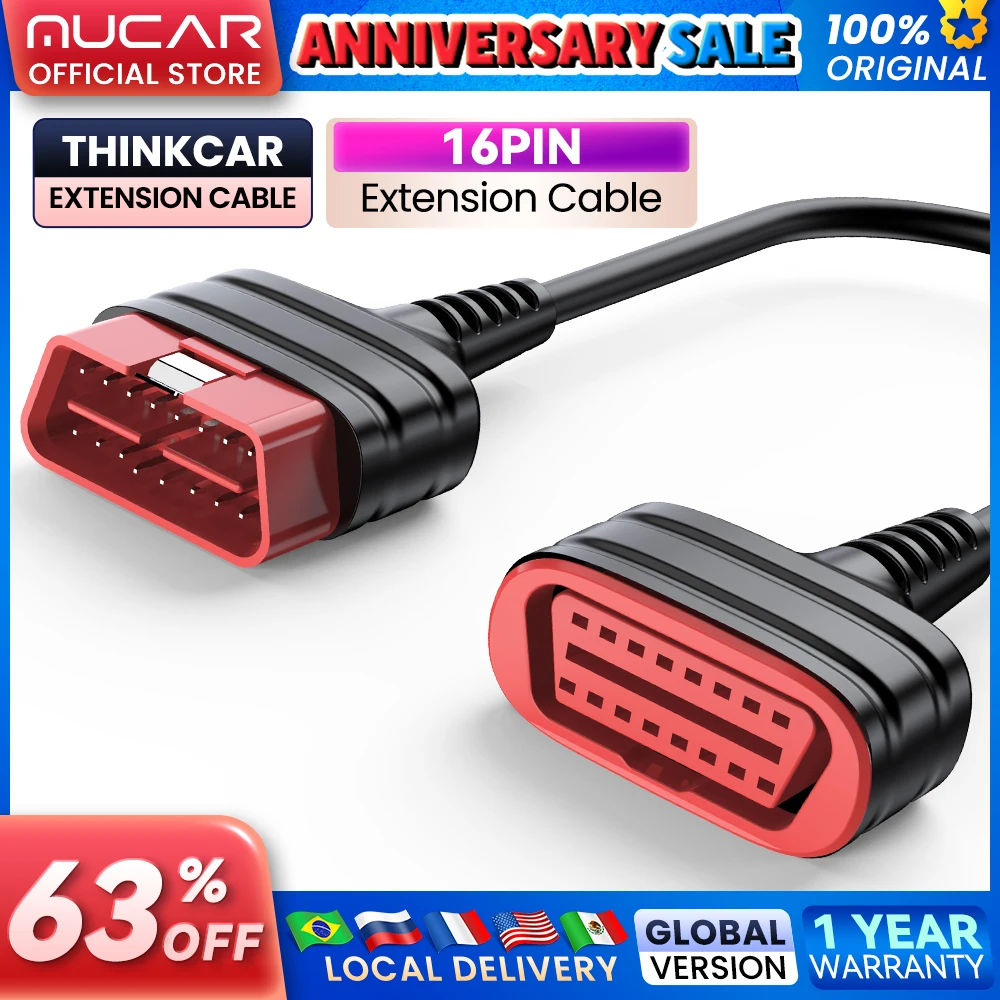 Thinkcar cabo de extensão universal 16 pinos obd2 cabo extensor diagnóstico macho para fêmea porta cabo extensão do carro