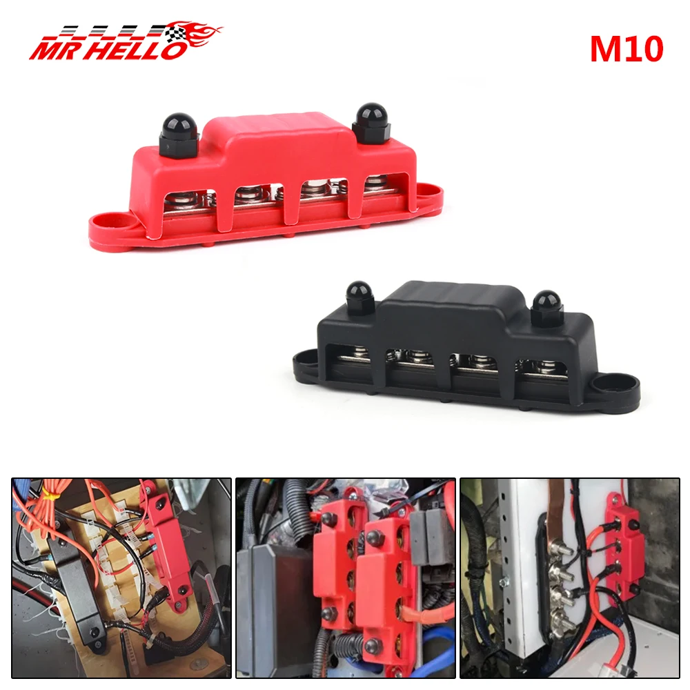 M10 Screw 12V-48V 250A Bus Bar Terminal Battery Power Distribution Block With Cover 4 for Automobile Boat RV Truck