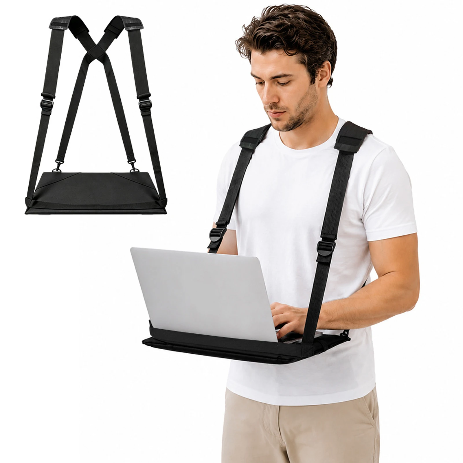 Portable Walking Laptop Strap Hands-Free Standing Desk Ergonomic Shoulder Harness Adjustable Oxford Cloth Tray 16 Inch