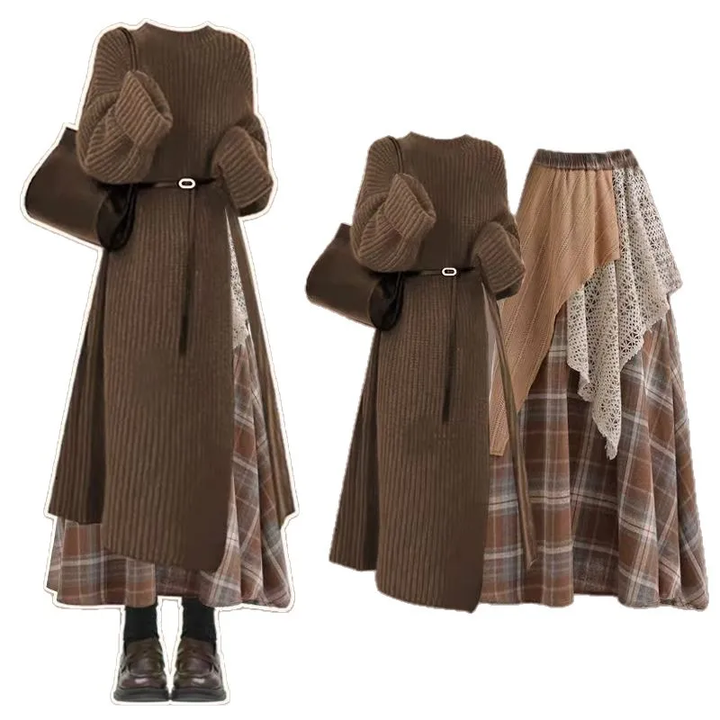 

Casual Women's Set New Autumn and Winter Retro Sweater+ethnic Style Design Half Skirt Two-piece Set