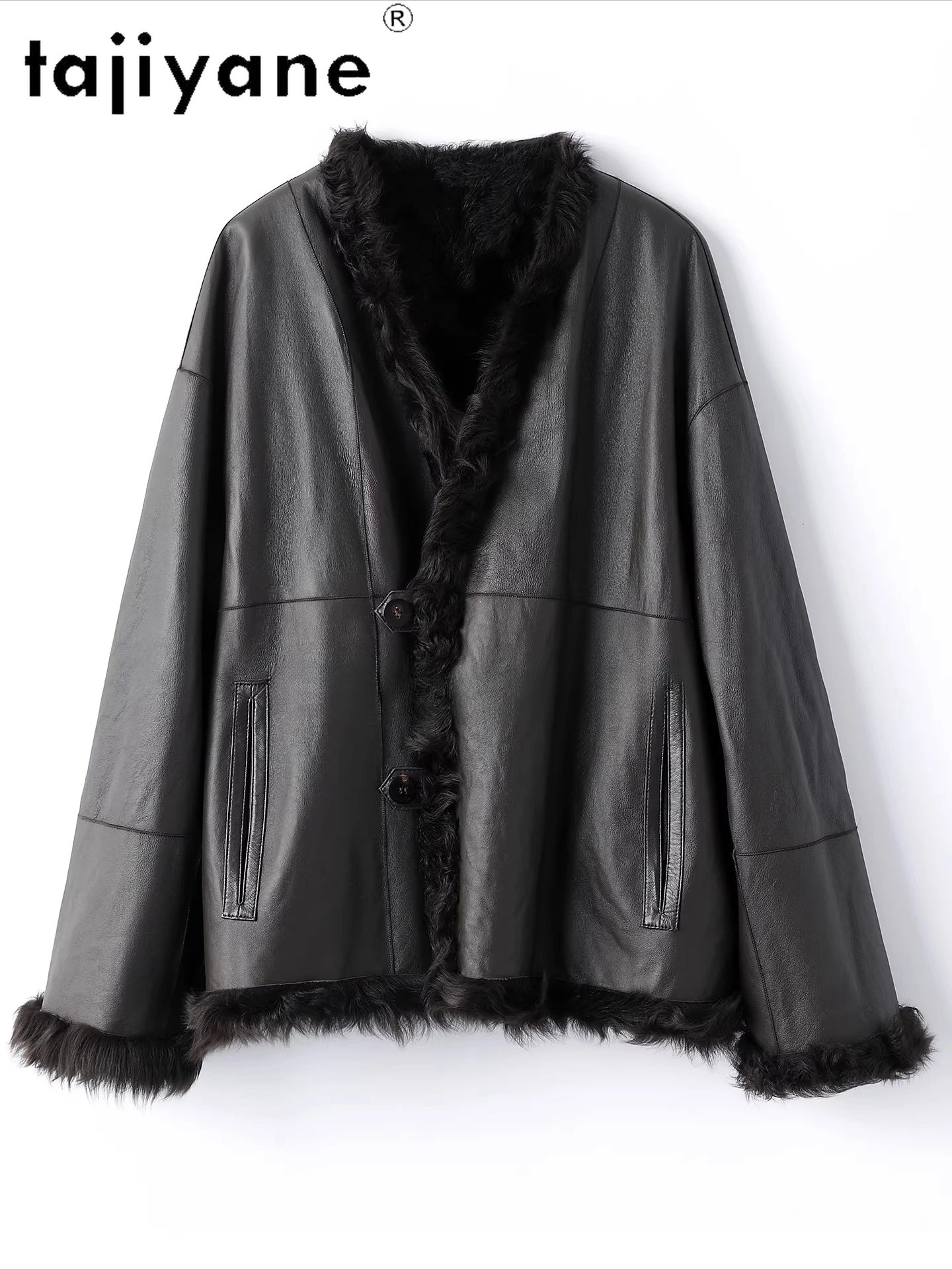 سترة TAJIYANE 100% من جلد الغنم مع الصوف المرفق للنساء معطف فرو حقيقي قابل للعكس برقبة على شكل حرف v ملابس نسائية شتوية
