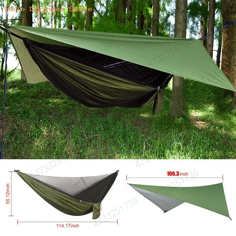 Camping Hammock with Rain Fly Tarp and Mosquito Net Tent Tree Straps Portable Single Double Nylon Parachute Hammock for Travel