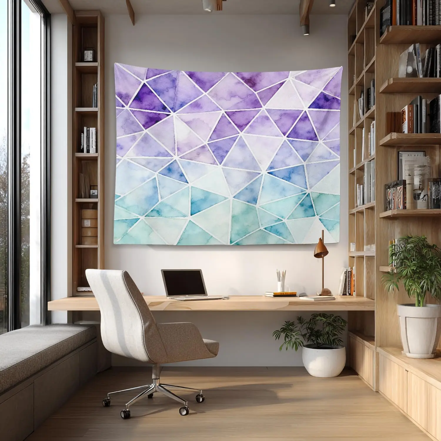 Abstract Watercolor Lilac Blue Geometric Wall Tapestry, Colorful Violet Strokes Wall Hanging Large Tapestry Decoration Polyester