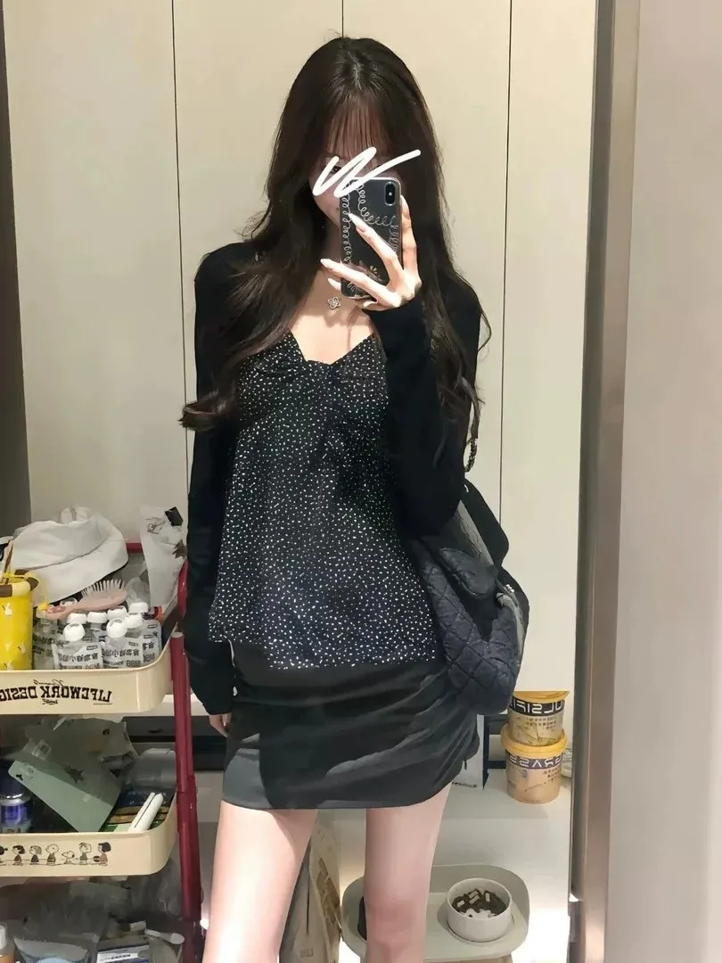 Black Polka Dot Strap Vest Women's Set Early Autumn Thin Long Sleeve Open Cardigan Tube Top Two-Piece Set Casual Style Summer