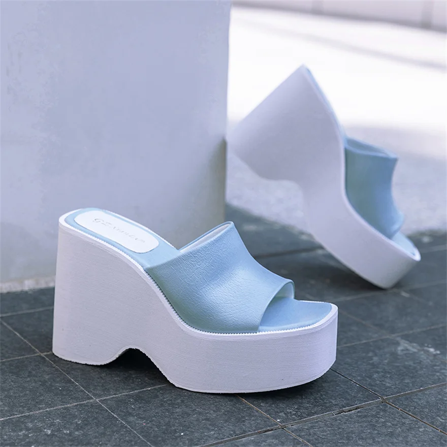 White Concise Soft Leather Square Toe Sandals Summer Platform Thick Heel Women\'s Wedges Beach Slippers Ladies Shoes Slides Mujer