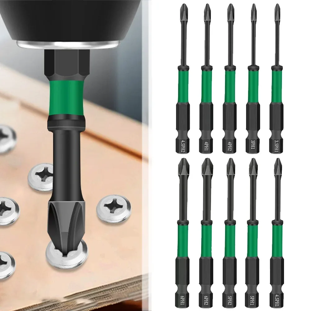 

10pcs Black Magnetic Cross Screwdriver Bits Set 1/4 Inch Hex Shank 75mm PH1 PH2 Screwdriver Bit Power Tool Accessories