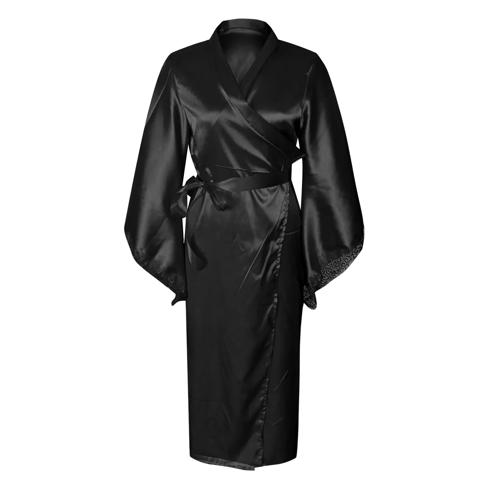 Gothic Style Satin Robe Women\'s Long Lace Trim Erotic Lingerie Simulation Home Wear Bathrobe New In Women\'s Smooth Sleepwear