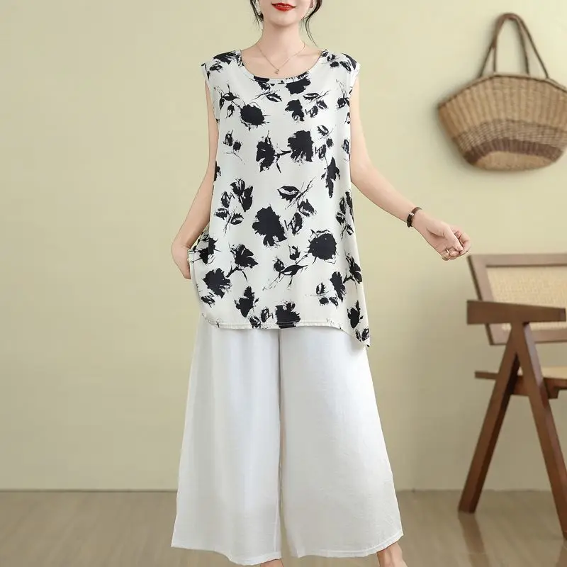 Nuova maglietta da donna ampia e sottile a trapezio Top stampato in stile cinese Canotta versatile ed elegante